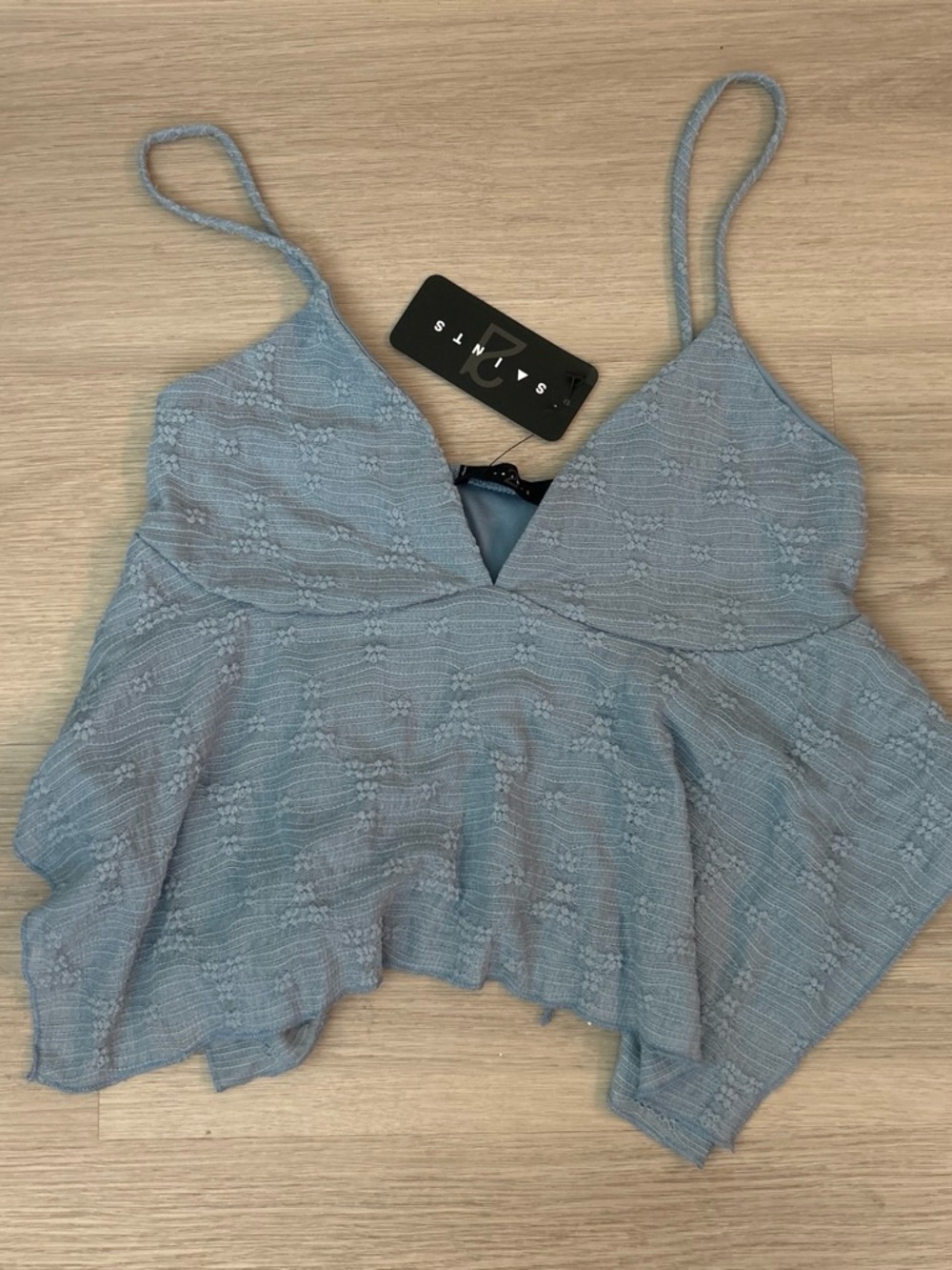 21Saints Dusty Blue Textured Plunge V-Neck Asymmetrical Cami Top 🦋